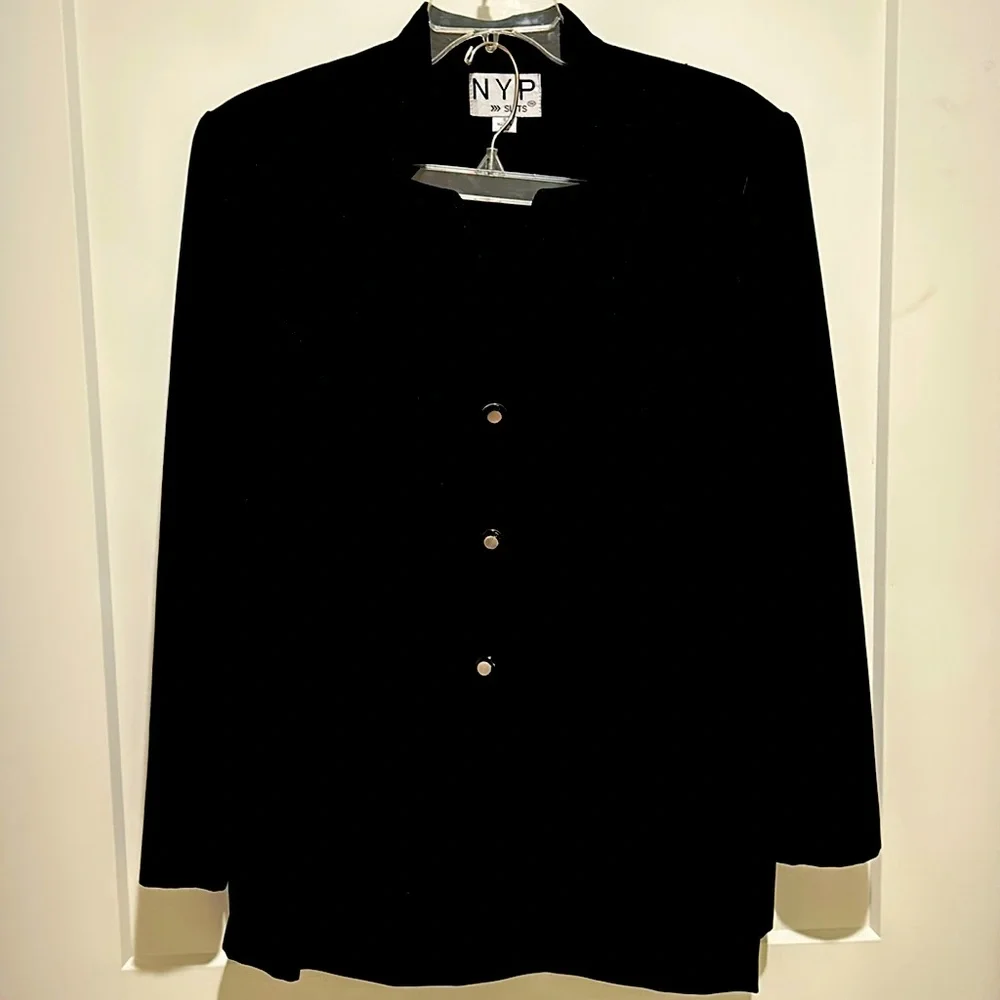 NYP Suits, 3-button black blazer and matching skirt, size 16